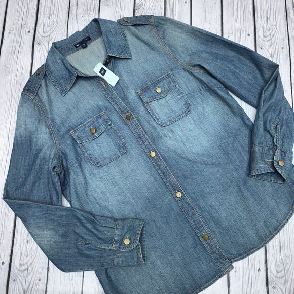 NWT Gap 1969 Women's Blue Denim Long Sleeve Button Up Western Shirt Size Large - Picture 4 of 5